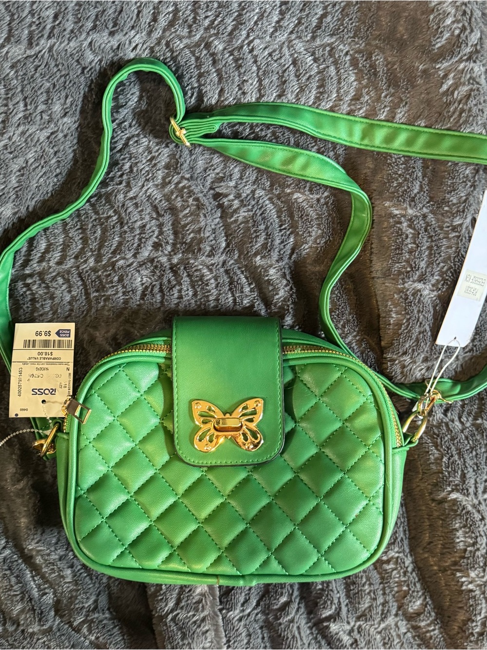 Green Quilted Crossbody Bag with Gold Butterfly Accent - Women's Crossbody